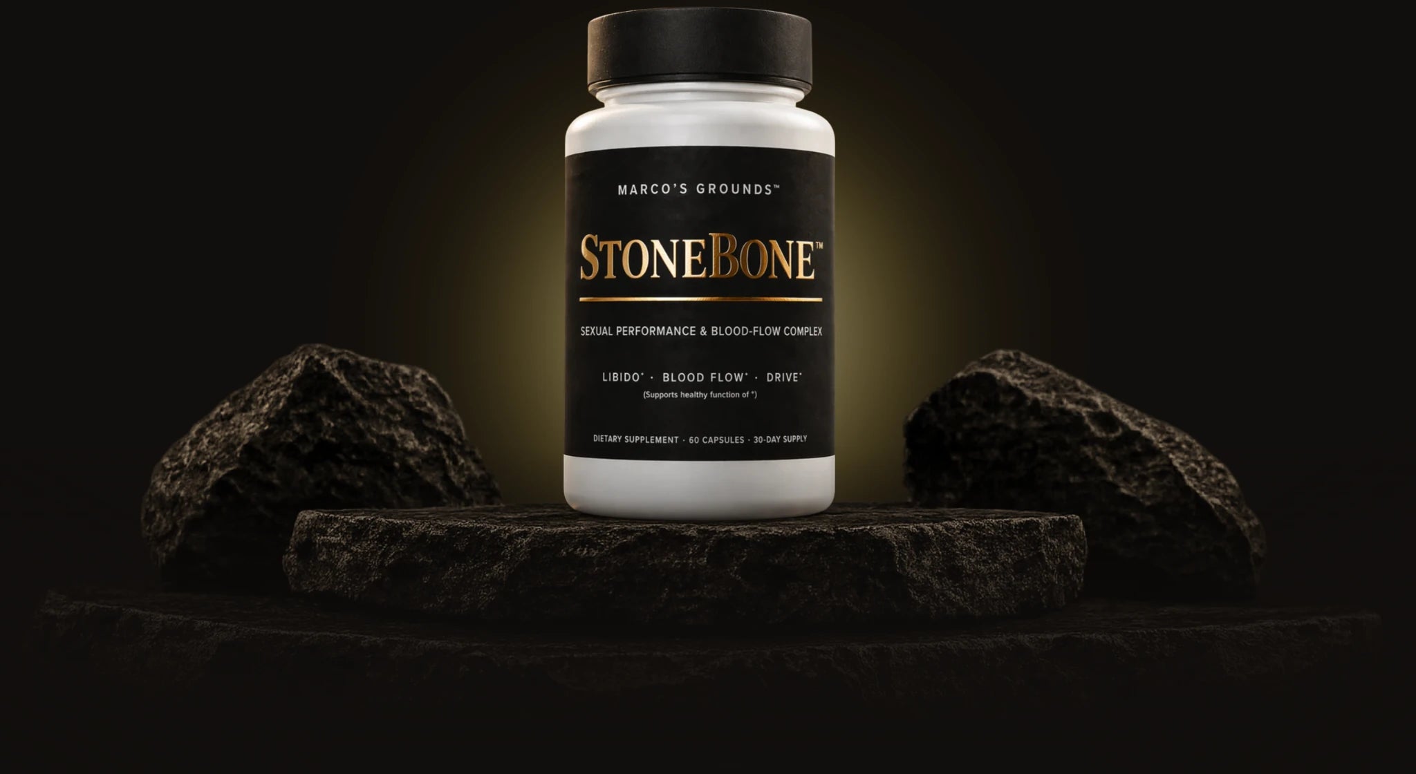 StoneBone bottle on a layered stone pedestal.
